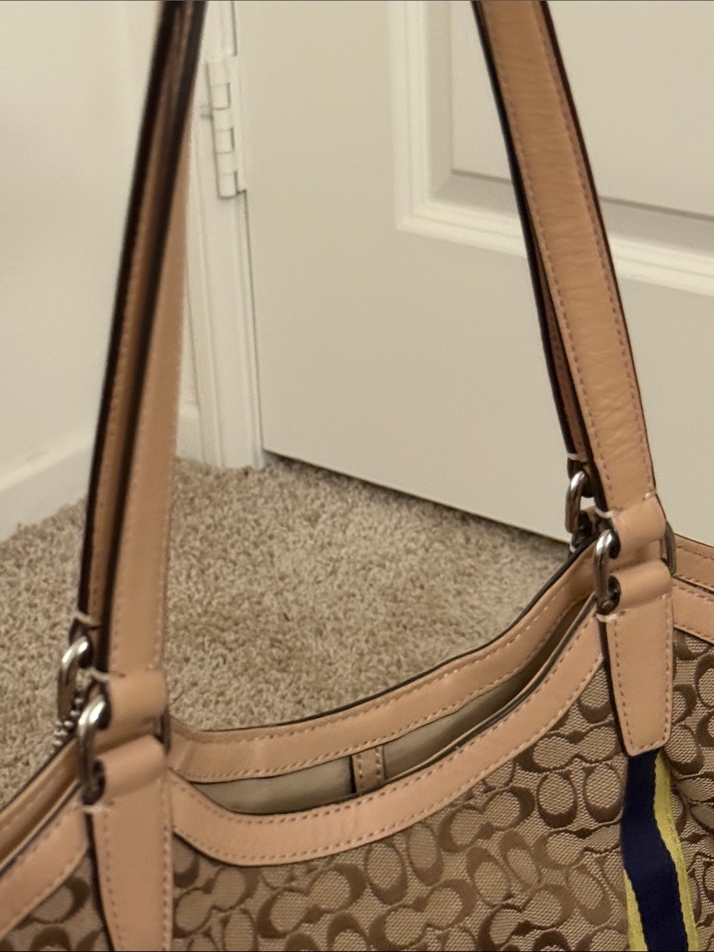 Coach Canvas Tote with Navy & Yellow Stripe Accents - Picture 7 of 16